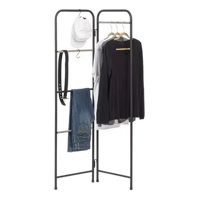 Appendiabiti metallico a 2 pannelli autoportante nero - Stand per vestiti da armadio, Organizzatore per guardaroba con ripiano fisso e ganci