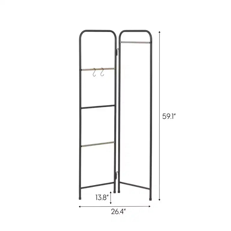 Appendiabiti metallico a 2 pannelli autoportante nero - Stand per vestiti da armadio, Organizzatore per guardaroba con ripiano fisso e ganci