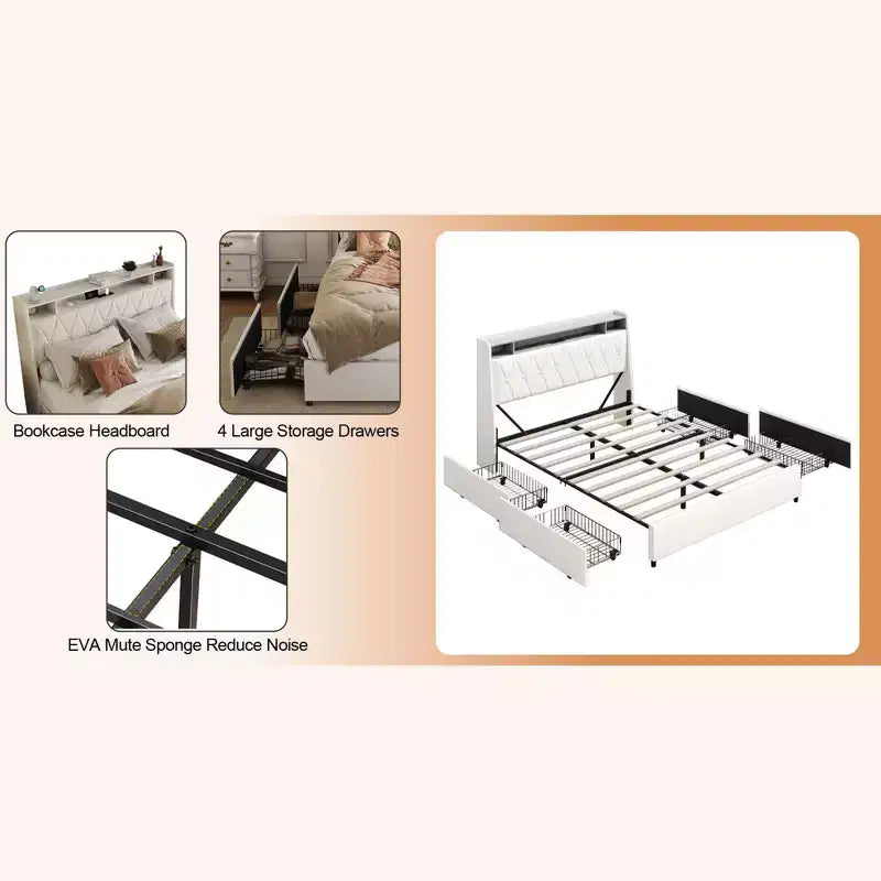 Struttura Letto a Piattaforma Matrimoniale/Queen con 4 Cassetti Contenitore, Prese & Caricatore, Struttura in Metallo - Nessuna Rete a Molle Necessaria