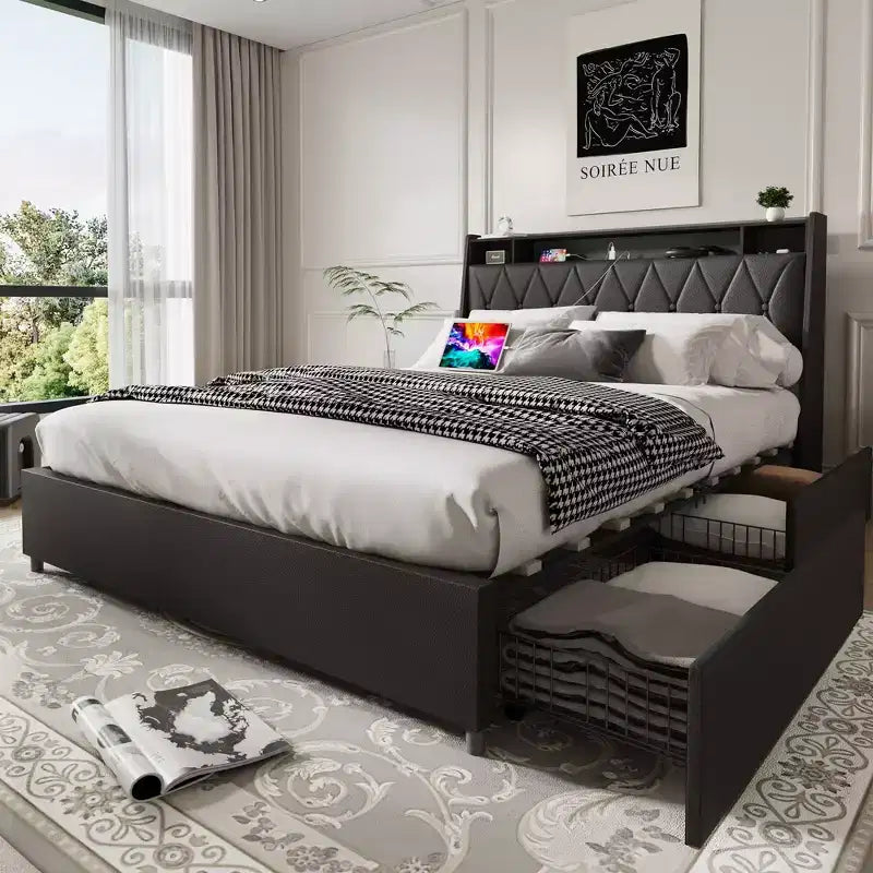 Struttura Letto a Piattaforma Matrimoniale/Queen con 4 Cassetti Contenitore, Prese & Caricatore, Struttura in Metallo - Nessuna Rete a Molle Necessaria