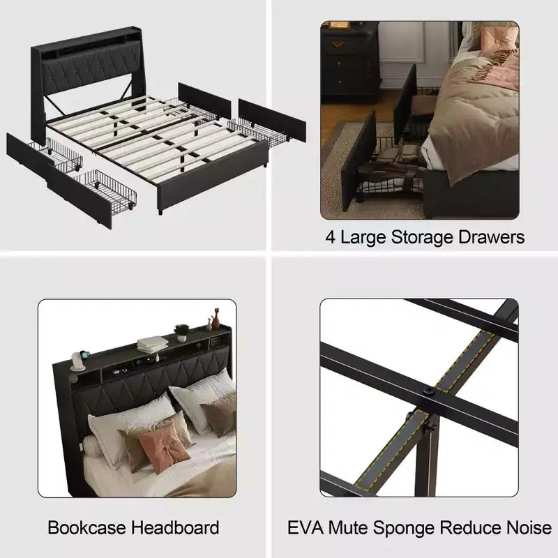 Struttura Letto a Piattaforma Matrimoniale/Queen con 4 Cassetti Contenitore, Prese & Caricatore, Struttura in Metallo - Nessuna Rete a Molle Necessaria