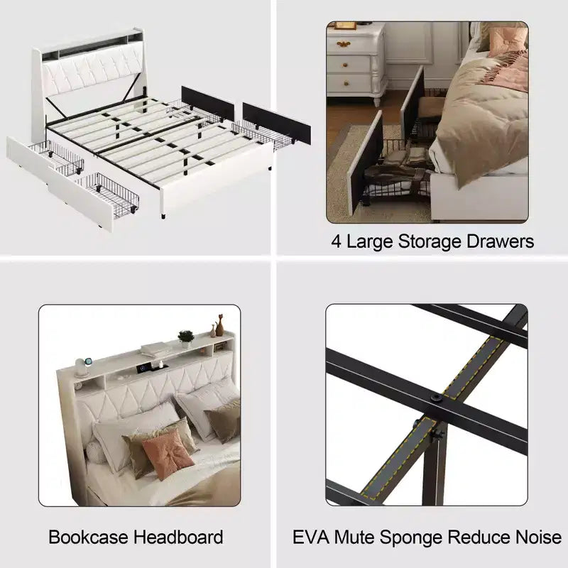 Struttura Letto a Piattaforma Matrimoniale/Queen con 4 Cassetti Contenitore, Prese & Caricatore, Struttura in Metallo - Nessuna Rete a Molle Necessaria