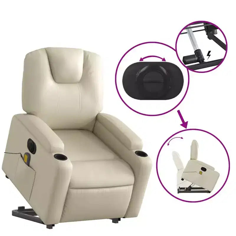 Poltrona Reclinabile Elettrica Massaggiante - Poltrona con Schienale Alto in Similpelle Crema con Massaggio a Vibrazione, Sollevamento Elettrico, Portabicchieri per il Comfort del Soggiorno