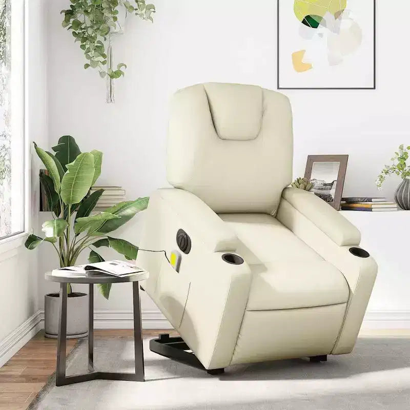Poltrona Reclinabile Elettrica Massaggiante - Poltrona con Schienale Alto in Similpelle Crema con Massaggio a Vibrazione, Sollevamento Elettrico, Portabicchieri per il Comfort del Soggiorno