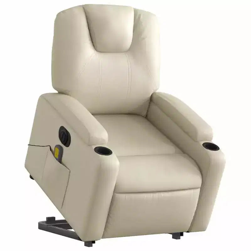 Poltrona Reclinabile Elettrica Massaggiante - Poltrona con Schienale Alto in Similpelle Crema con Massaggio a Vibrazione, Sollevamento Elettrico, Portabicchieri per il Comfort del Soggiorno