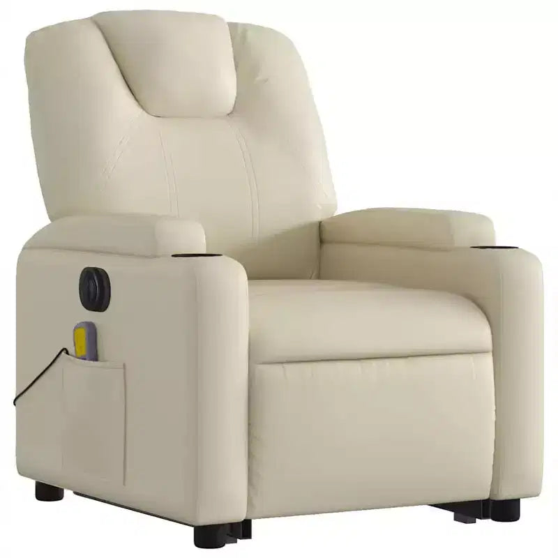 Poltrona Reclinabile Elettrica Massaggiante - Poltrona con Schienale Alto in Similpelle Crema con Massaggio a Vibrazione, Sollevamento Elettrico, Portabicchieri per il Comfort del Soggiorno