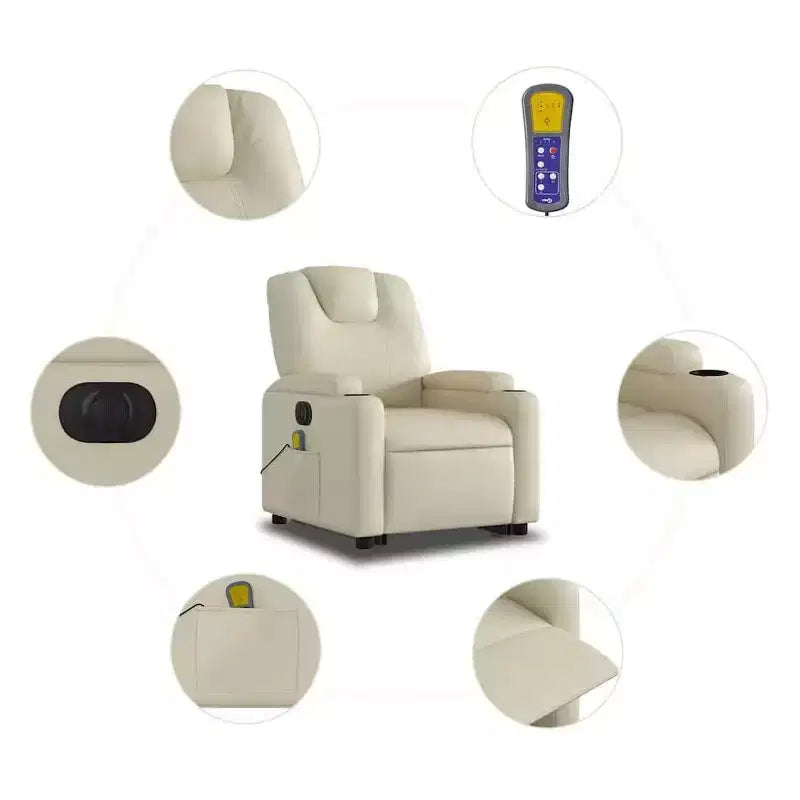 Poltrona Reclinabile Elettrica Massaggiante - Poltrona con Schienale Alto in Similpelle Crema con Massaggio a Vibrazione, Sollevamento Elettrico, Portabicchieri per il Comfort del Soggiorno