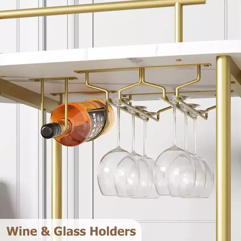 Carrello da bar a 4 ripiani con portabottiglie e portabicchieri, carrello di servizio mobile su ruote per cucina, sala da pranzo, soggiorno - Oro e Bianco