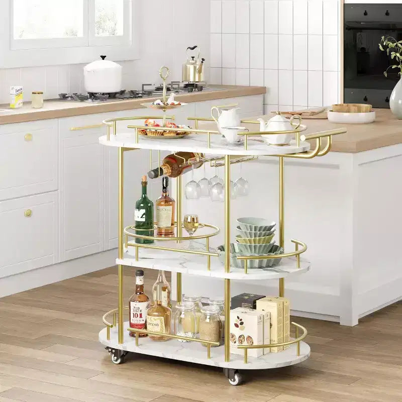 Carrello da bar a 4 ripiani con portabottiglie e portabicchieri, carrello di servizio mobile su ruote per cucina, sala da pranzo, soggiorno - Oro e Bianco