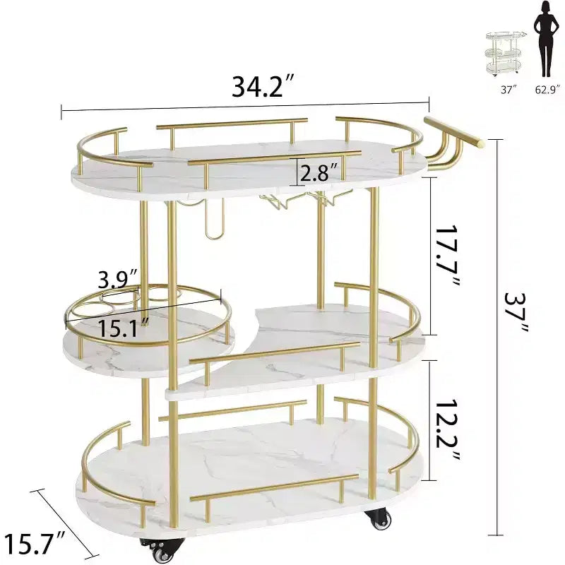 Carrello da bar a 4 ripiani con portabottiglie e portabicchieri, carrello di servizio mobile su ruote per cucina, sala da pranzo, soggiorno - Oro e Bianco