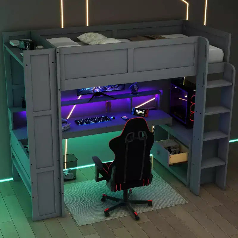Letto a Soppalco Gaming Definitivo con Scrivania a LED, Stazione di Ricarica e Spazio di Archiviazione Integrato