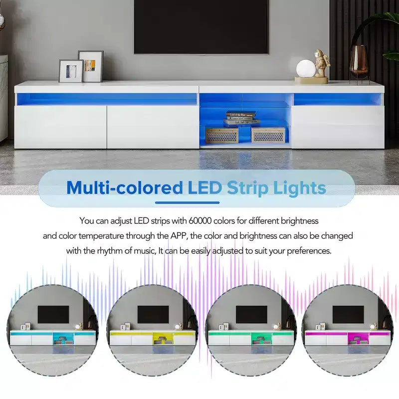 Mobile porta TV moderno per televisori fino a 105" con 2 ripiani in vetro, luci LED e console multimediale con vano contenitore - Bianco