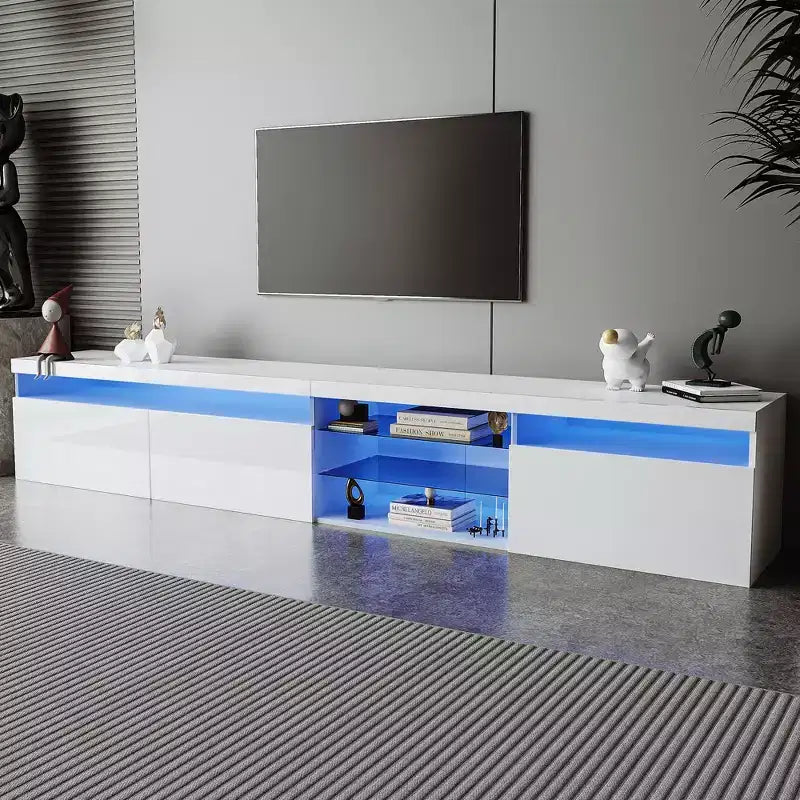 Mobile porta TV moderno per televisori fino a 105" con 2 ripiani in vetro, luci LED e console multimediale con vano contenitore - Bianco
