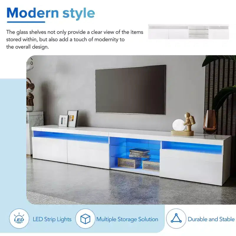 Mobile porta TV moderno per televisori fino a 105" con 2 ripiani in vetro, luci LED e console multimediale con vano contenitore - Bianco