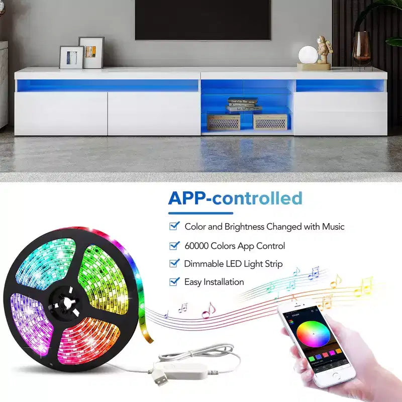 Mobile porta TV moderno per televisori fino a 105" con 2 ripiani in vetro, luci LED e console multimediale con vano contenitore - Bianco