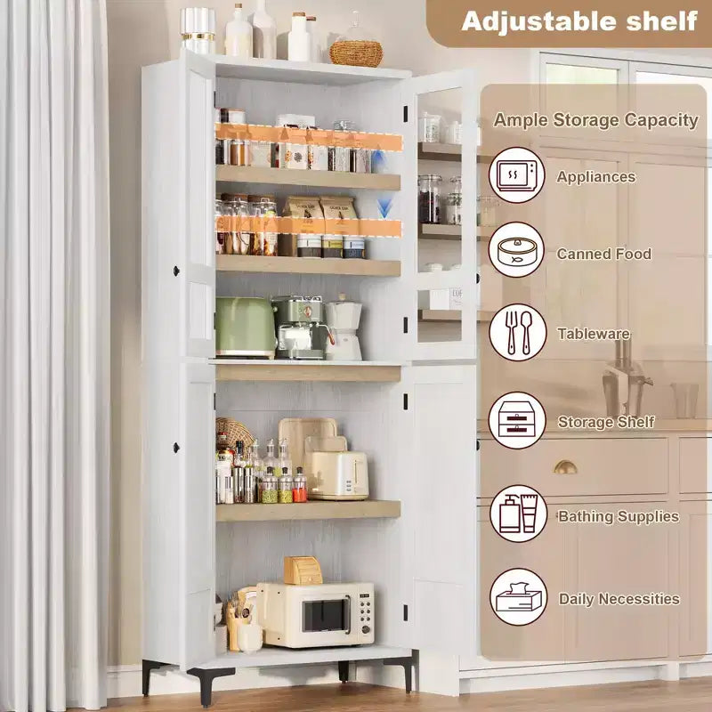 Dispensa a 5 ripiani alta 180 cm, organizer con 4 ante e ripiani regolabili per cucina, bagno, sala da pranzo