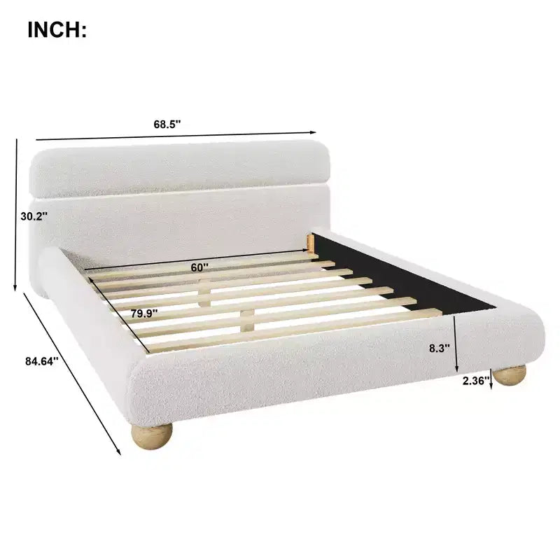 Letto Queen Size Imbottito a Basso Profilo Contemporaneo con Tessuto Teddy Fleece e Gambe in Legno