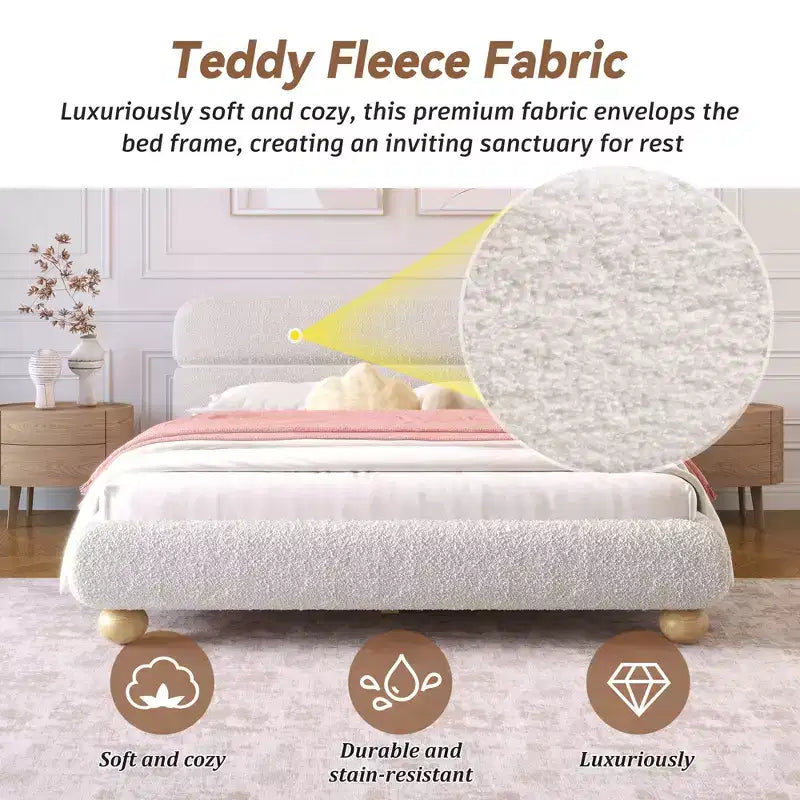 Letto Queen Size Imbottito a Basso Profilo Contemporaneo con Tessuto Teddy Fleece e Gambe in Legno