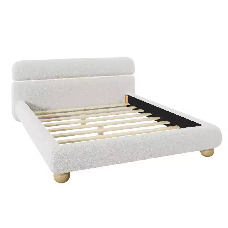 Letto Queen Size Imbottito a Basso Profilo Contemporaneo con Tessuto Teddy Fleece e Gambe in Legno