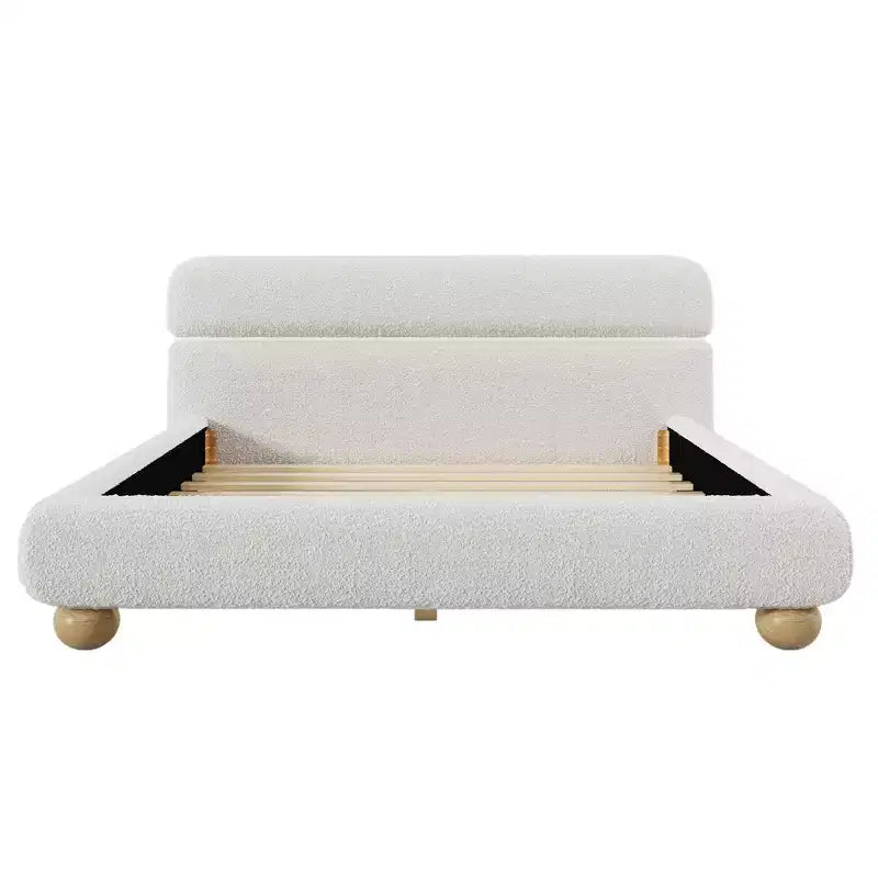 Letto Queen Size Imbottito a Basso Profilo Contemporaneo con Tessuto Teddy Fleece e Gambe in Legno
