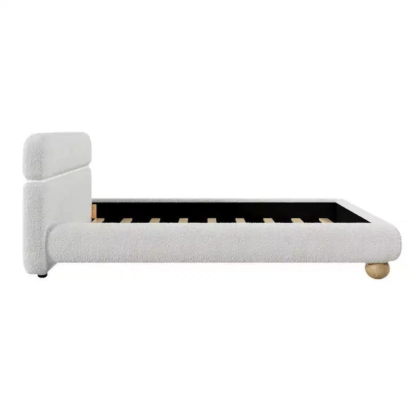 Letto Queen Size Imbottito a Basso Profilo Contemporaneo con Tessuto Teddy Fleece e Gambe in Legno