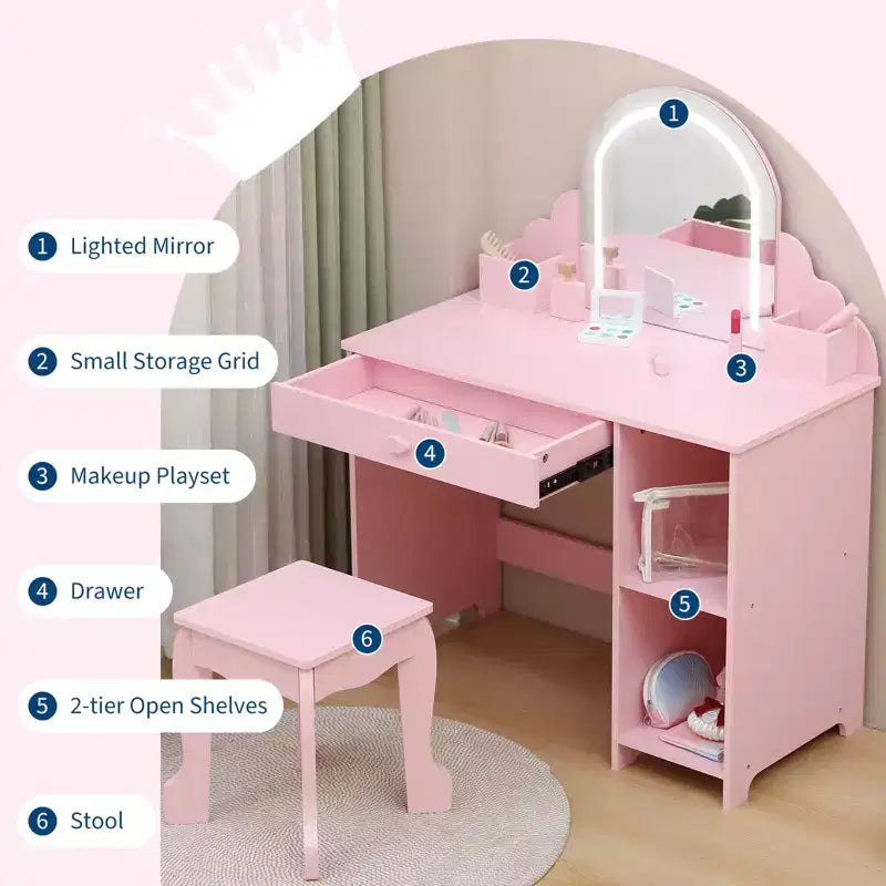 Tocador para niños con espejo y taburete, brillo ajustable, cajón de almacenamiento y estantes para niñas de 3 a 9 años