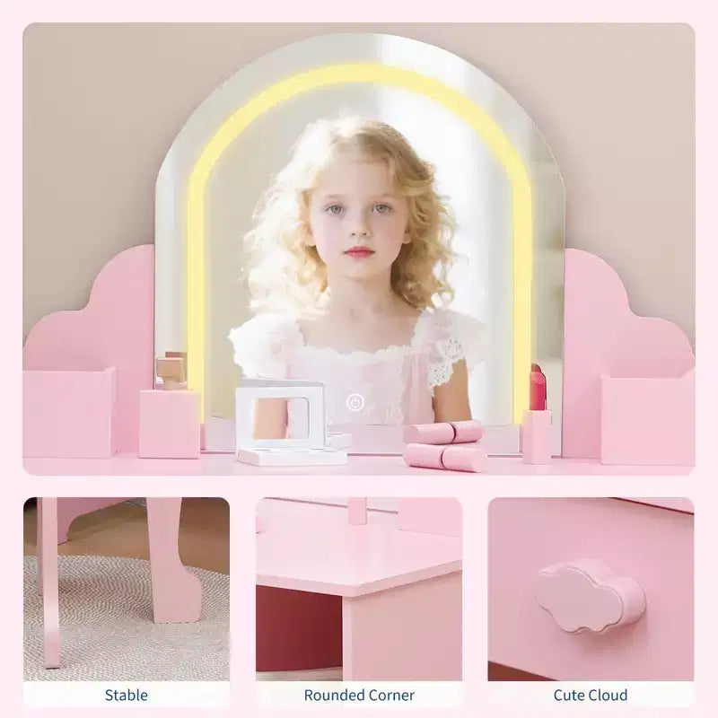 Tocador para niños con espejo y taburete, brillo ajustable, cajón de almacenamiento y estantes para niñas de 3 a 9 años