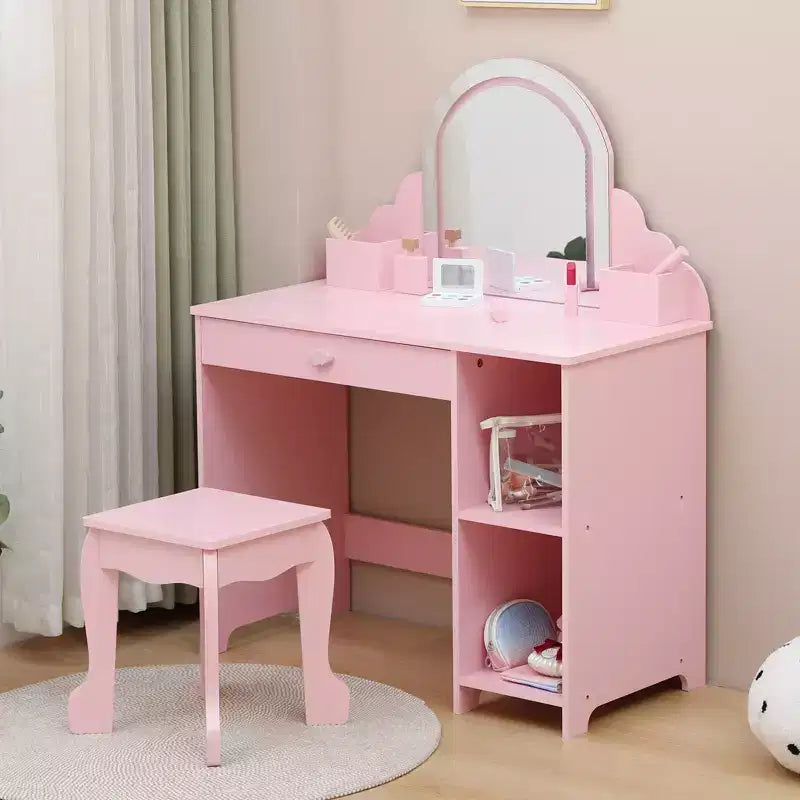 Tocador para niños con espejo y taburete, brillo ajustable, cajón de almacenamiento y estantes para niñas de 3 a 9 años