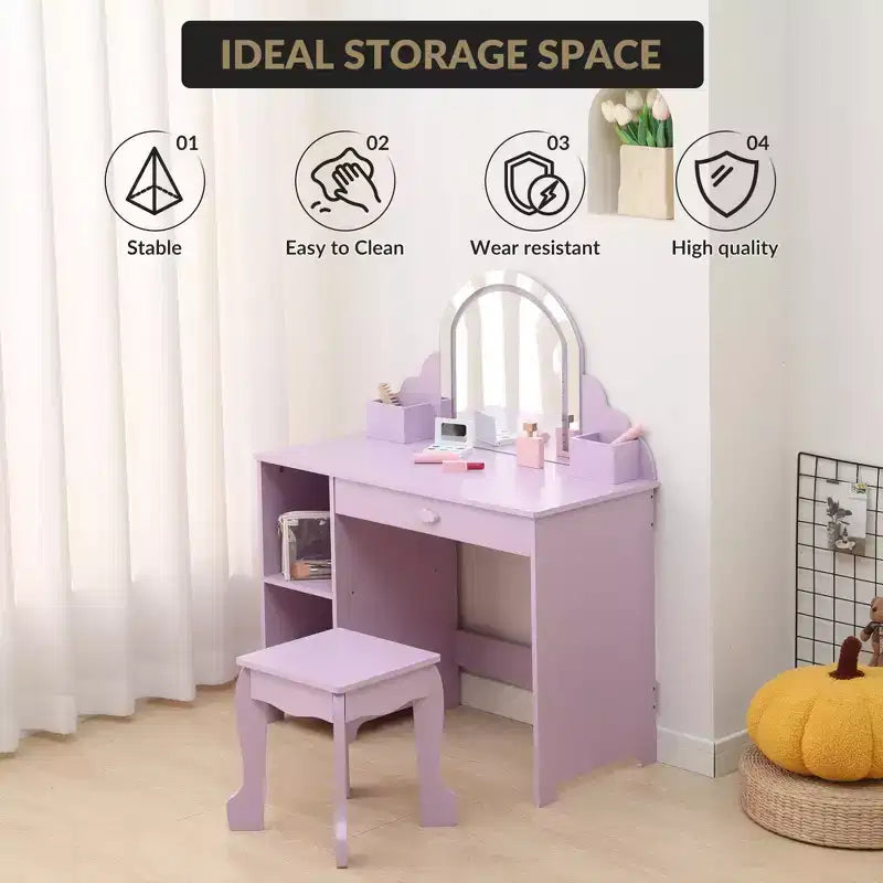 Tocador para niños con espejo y taburete, brillo ajustable, cajón de almacenamiento y estantes para niñas de 3 a 9 años