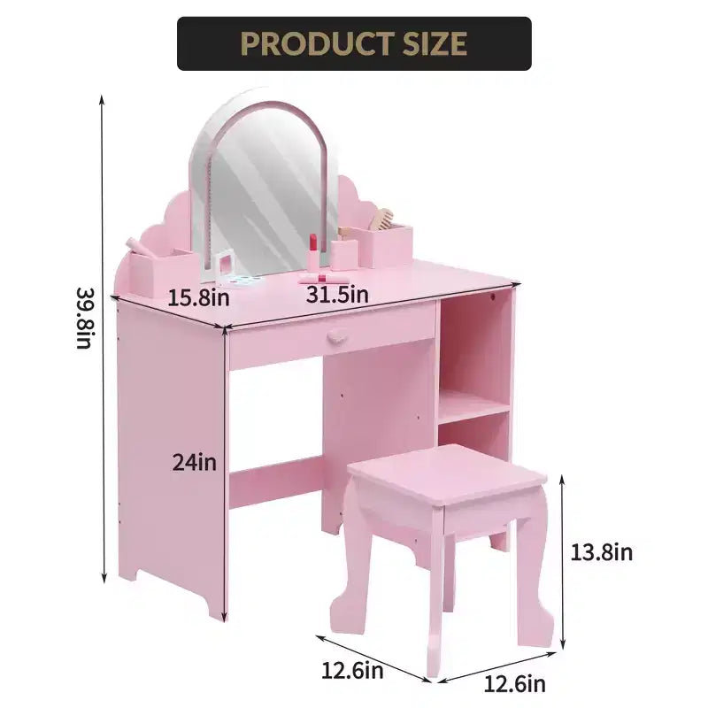 Tocador para niños con espejo y taburete, brillo ajustable, cajón de almacenamiento y estantes para niñas de 3 a 9 años