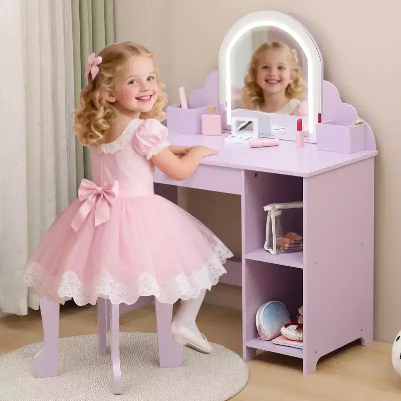 Tocador para niños con espejo y taburete, brillo ajustable, cajón de almacenamiento y estantes para niñas de 3 a 9 años
