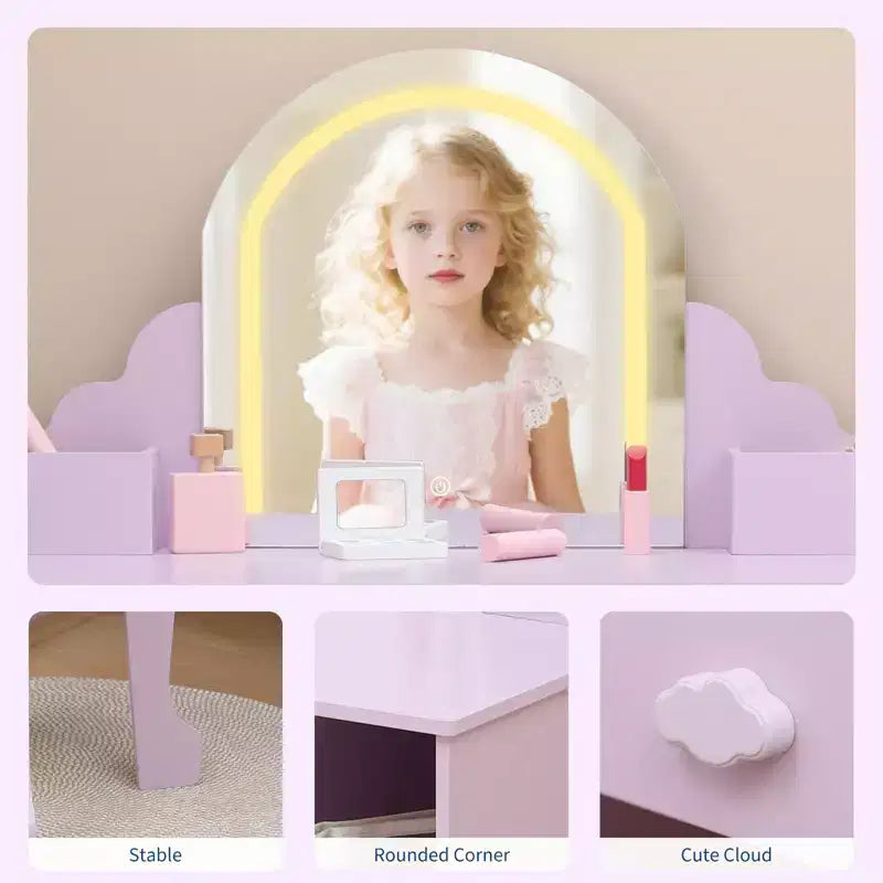 Tocador para niños con espejo y taburete, brillo ajustable, cajón de almacenamiento y estantes para niñas de 3 a 9 años