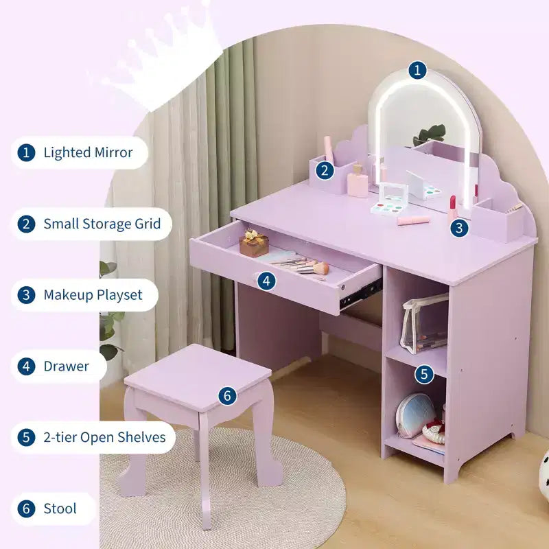 Tocador para niños con espejo y taburete, brillo ajustable, cajón de almacenamiento y estantes para niñas de 3 a 9 años