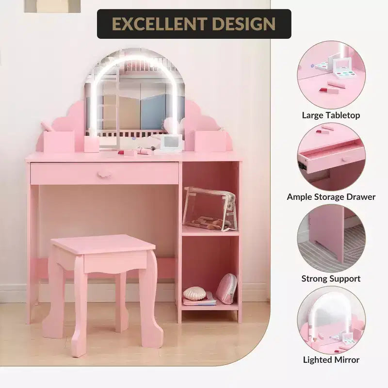 Tocador para niños con espejo y taburete, brillo ajustable, cajón de almacenamiento y estantes para niñas de 3 a 9 años
