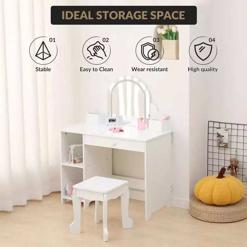 Tocador para niños con espejo y taburete, brillo ajustable, cajón de almacenamiento y estantes para niñas de 3 a 9 años