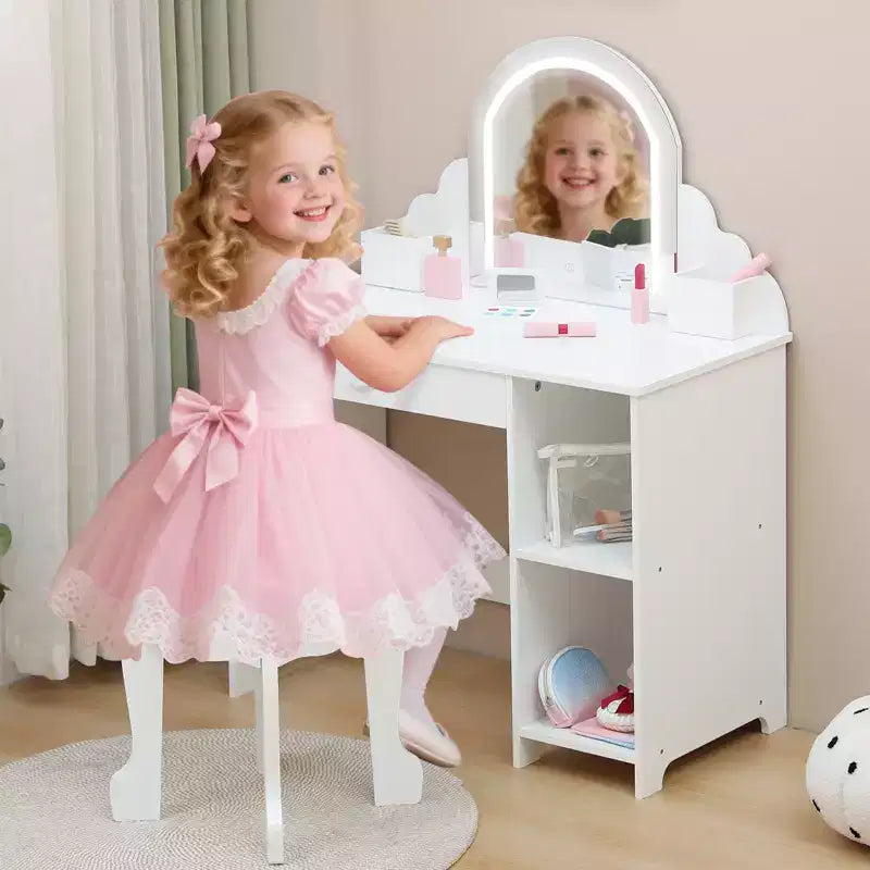 Tocador para niños con espejo y taburete, brillo ajustable, cajón de almacenamiento y estantes para niñas de 3 a 9 años