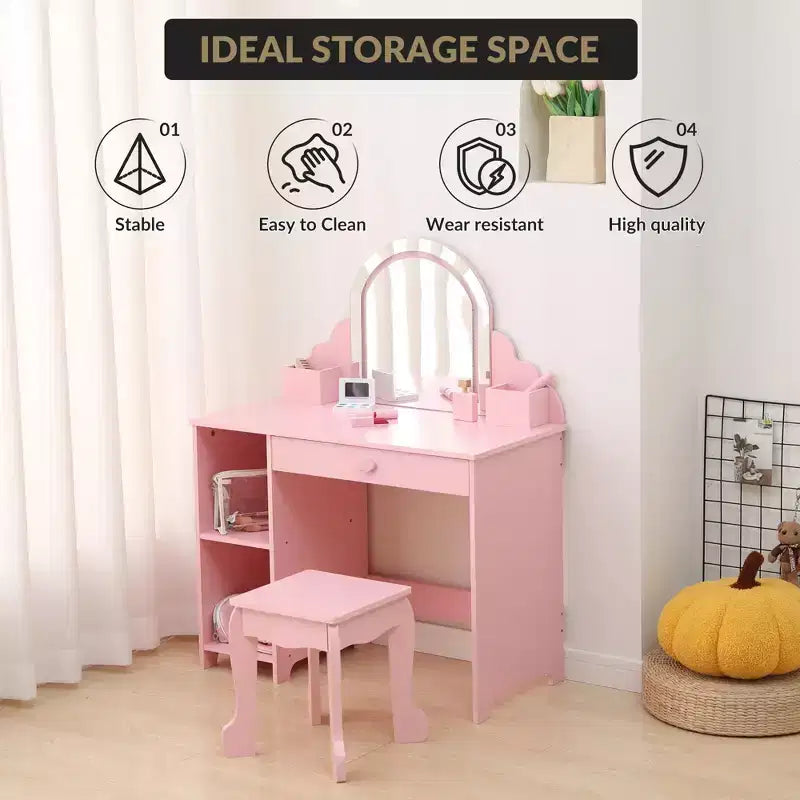Tocador para niños con espejo y taburete, brillo ajustable, cajón de almacenamiento y estantes para niñas de 3 a 9 años
