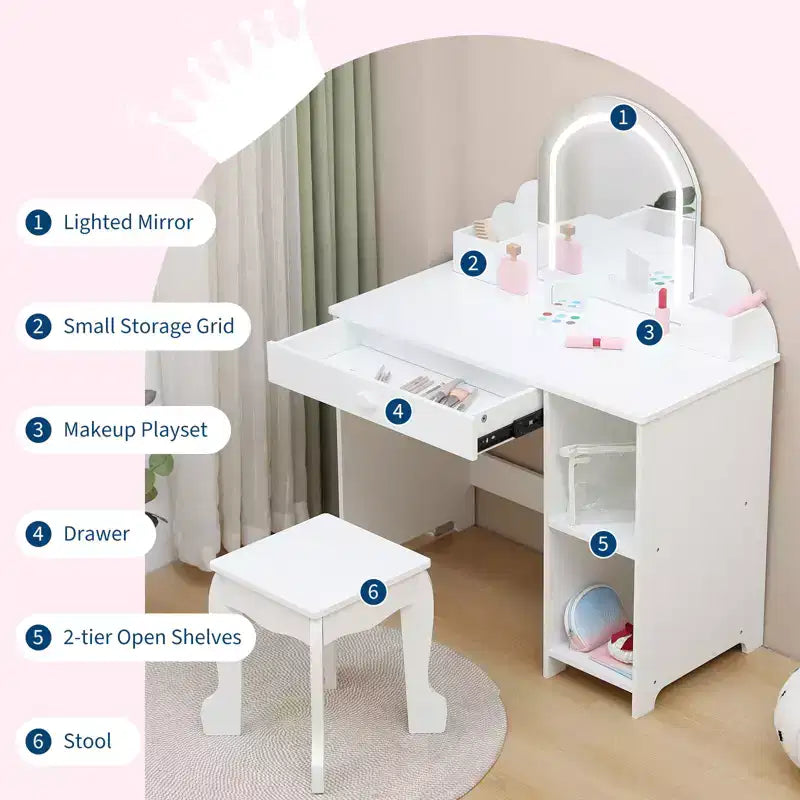 Tocador para niños con espejo y taburete, brillo ajustable, cajón de almacenamiento y estantes para niñas de 3 a 9 años