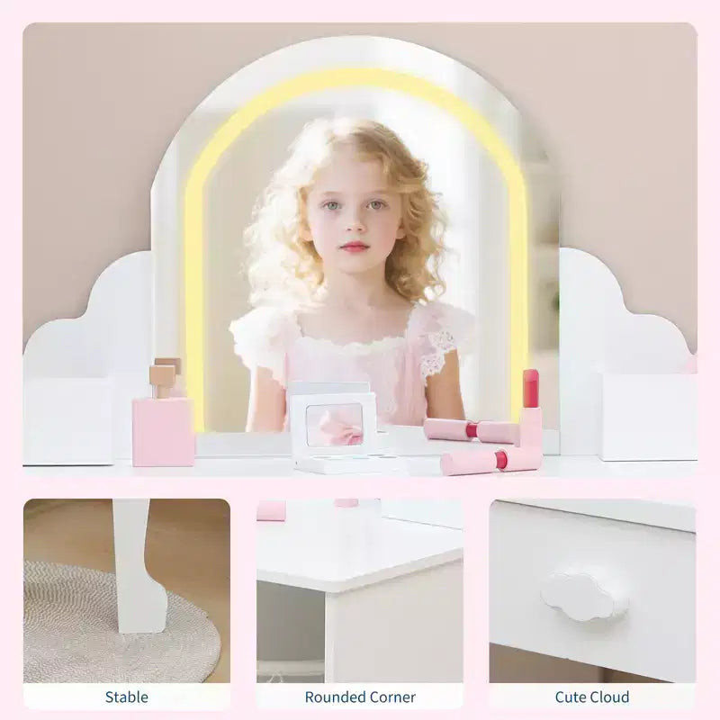 Tocador para niños con espejo y taburete, brillo ajustable, cajón de almacenamiento y estantes para niñas de 3 a 9 años