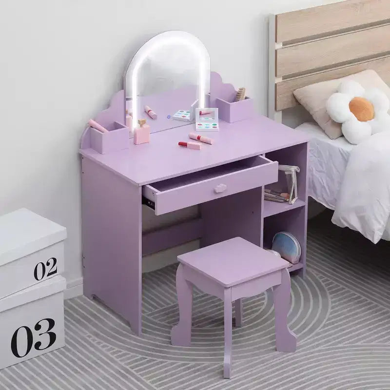 Tocador para niños con espejo y taburete, brillo ajustable, cajón de almacenamiento y estantes para niñas de 3 a 9 años