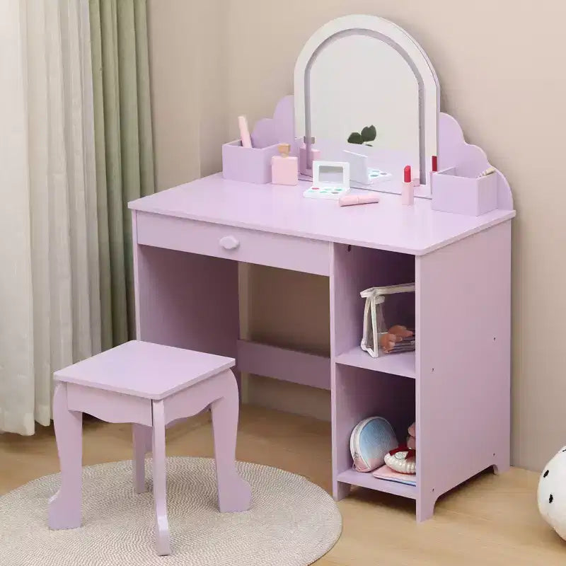 Tocador para niños con espejo y taburete, brillo ajustable, cajón de almacenamiento y estantes para niñas de 3 a 9 años