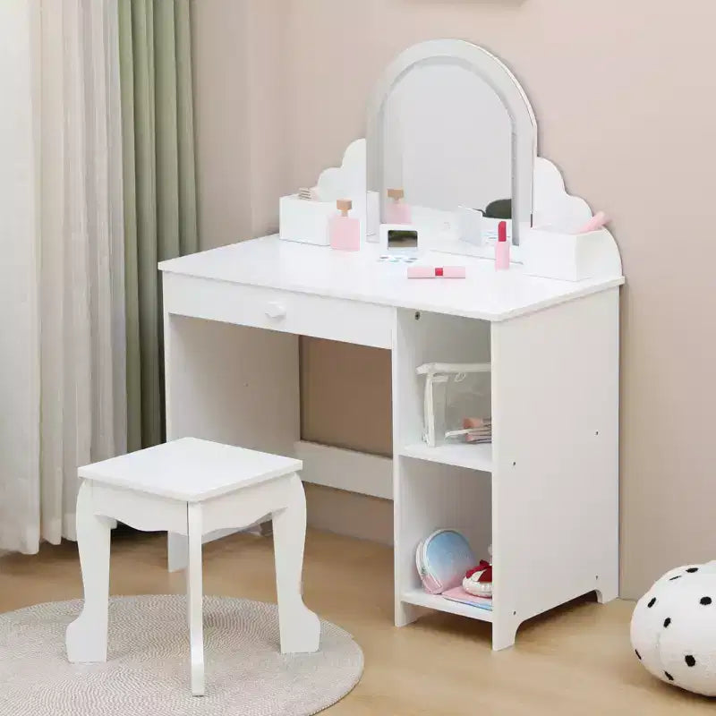 Tocador para niños con espejo y taburete, brillo ajustable, cajón de almacenamiento y estantes para niñas de 3 a 9 años