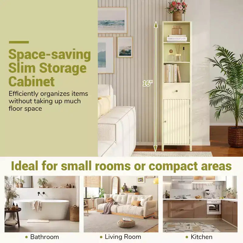 Mobile bagno alto 170 cm con 3 ripiani a giorno, 1 cassetto e ripiano interno regolabile - Bianco/Bianco sporco/Nero/Verde/Grigio