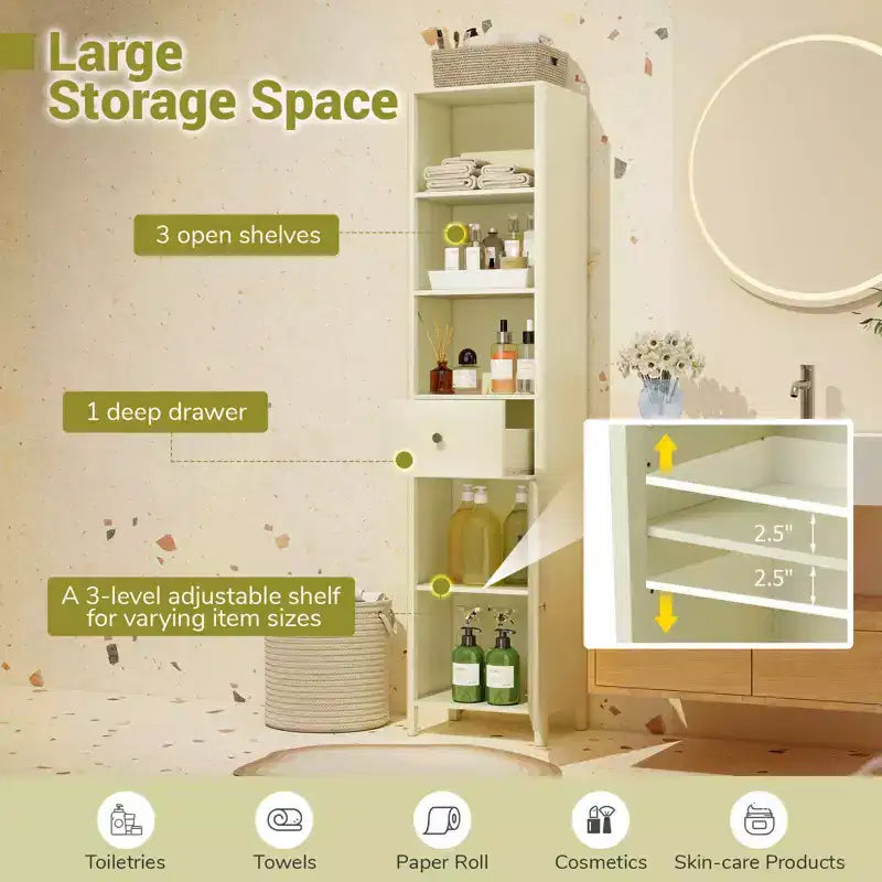 Mobile bagno alto 170 cm con 3 ripiani a giorno, 1 cassetto e ripiano interno regolabile - Bianco/Bianco sporco/Nero/Verde/Grigio