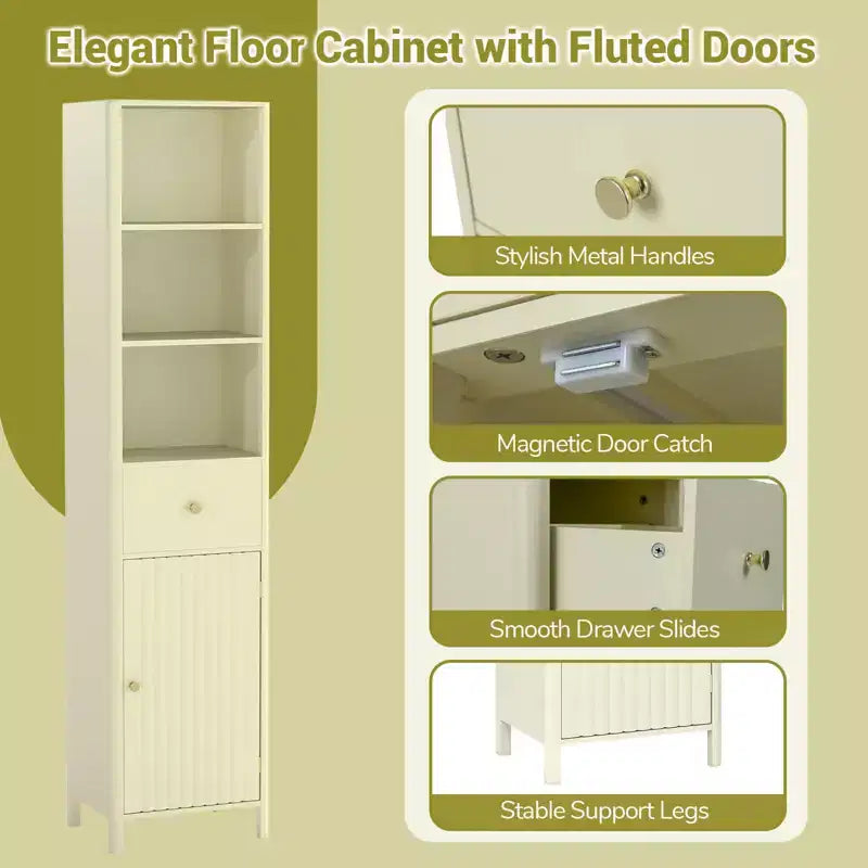 Mobile bagno alto 170 cm con 3 ripiani a giorno, 1 cassetto e ripiano interno regolabile - Bianco/Bianco sporco/Nero/Verde/Grigio