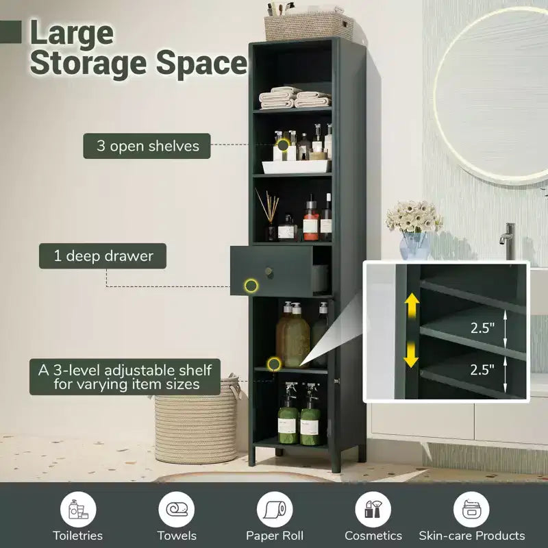 Mobile bagno alto 170 cm con 3 ripiani a giorno, 1 cassetto e ripiano interno regolabile - Bianco/Bianco sporco/Nero/Verde/Grigio