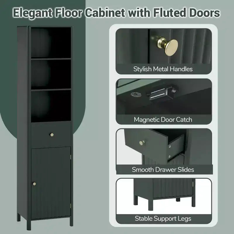 Mobile bagno alto 170 cm con 3 ripiani a giorno, 1 cassetto e ripiano interno regolabile - Bianco/Bianco sporco/Nero/Verde/Grigio