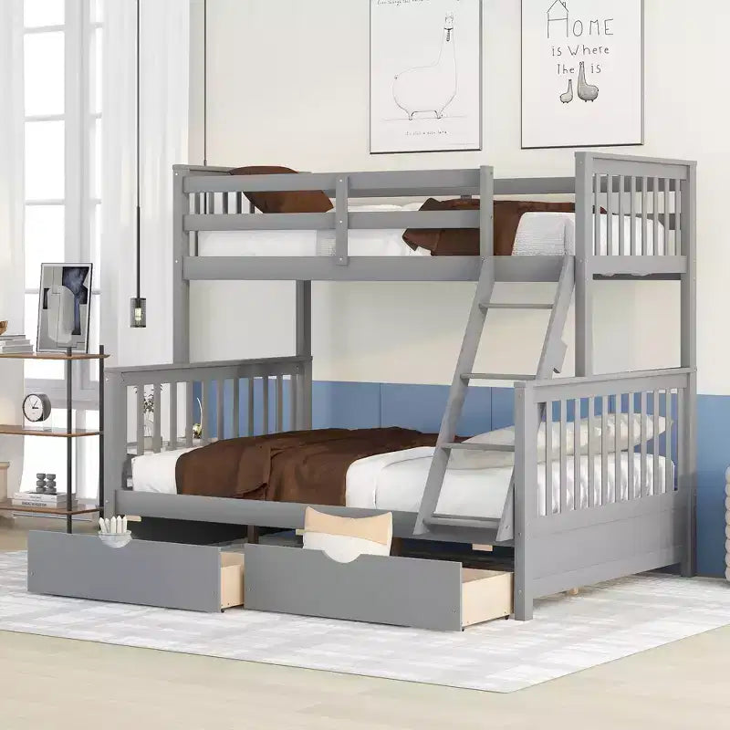 Letto a Castello con Cassetti, Struttura in Legno di Pino Massiccio e Scaletta con Sponde di Sicurezza, per Bambini e Ragazzi