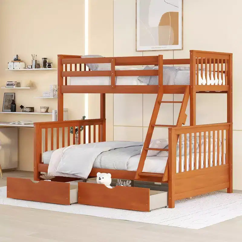 Letto a Castello con Cassetti, Struttura in Legno di Pino Massiccio e Scaletta con Sponde di Sicurezza, per Bambini e Ragazzi
