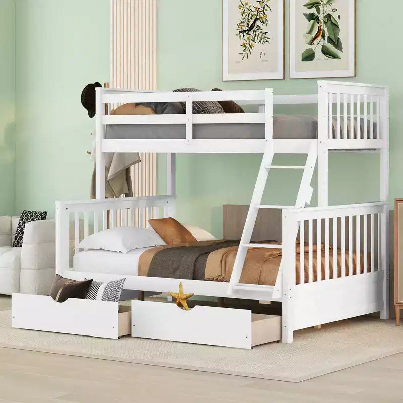 Letto a Castello con Cassetti, Struttura in Legno di Pino Massiccio e Scaletta con Sponde di Sicurezza, per Bambini e Ragazzi